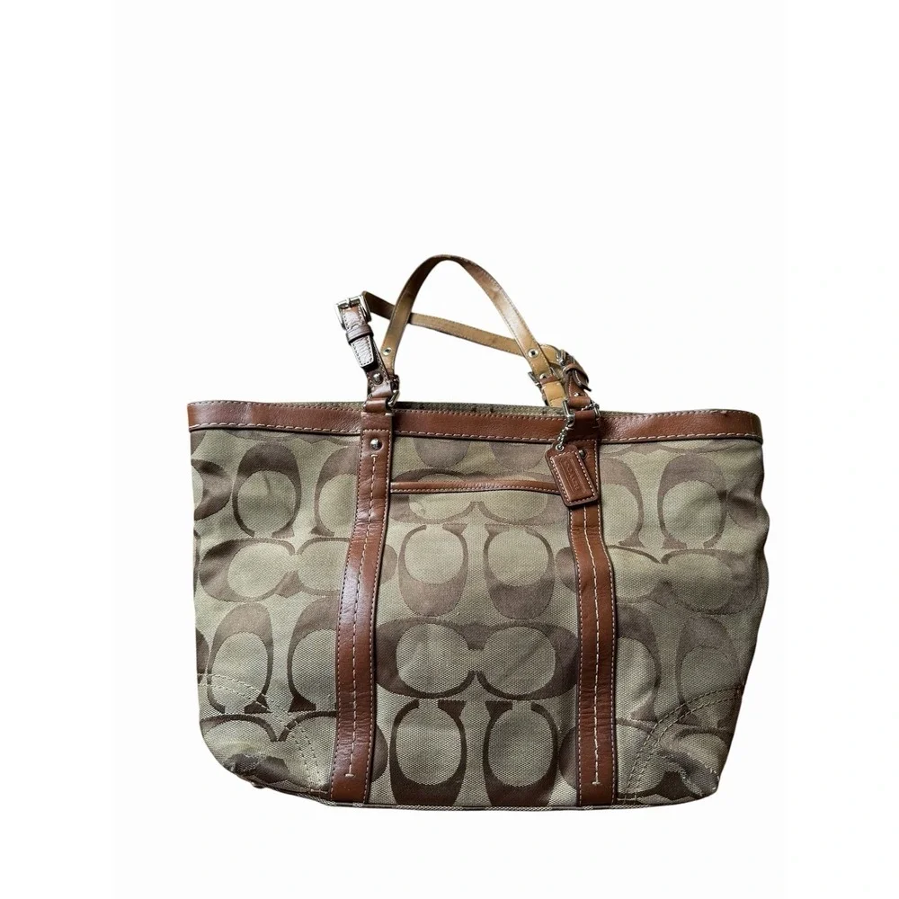 Coach Signature Tote Shoulder Purse Color Khaki/Brown Measures 16